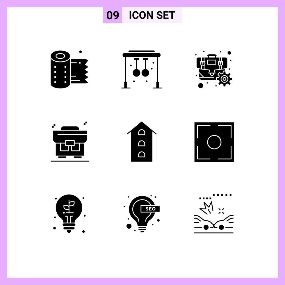 Universal Icon Symbols Group of 9 Modern Solid Glyphs of shop front buildings briefcase money business Editable Vector Design Elements