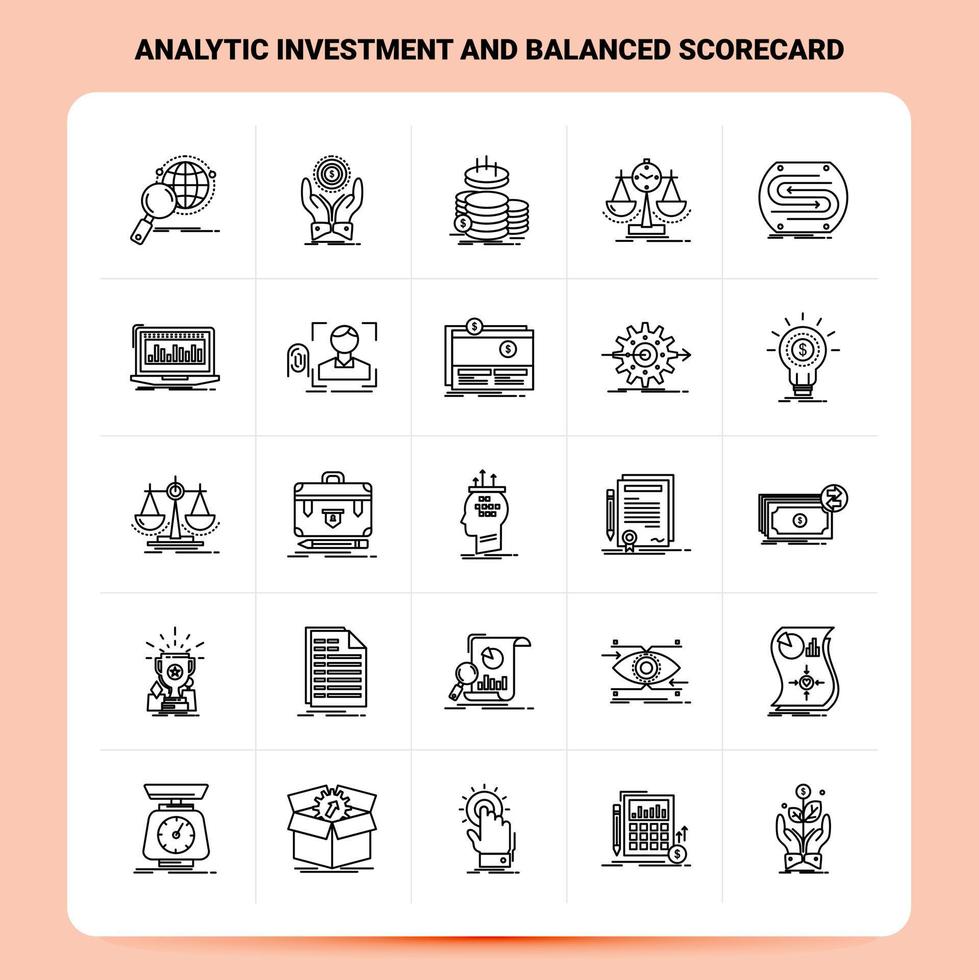 OutLine 25 Analytic Investment And Balanced Scorecard Icon set Vector Line Style Design Black Icons Set Linear pictogram pack Web and Mobile Business ideas design Vector Illustration