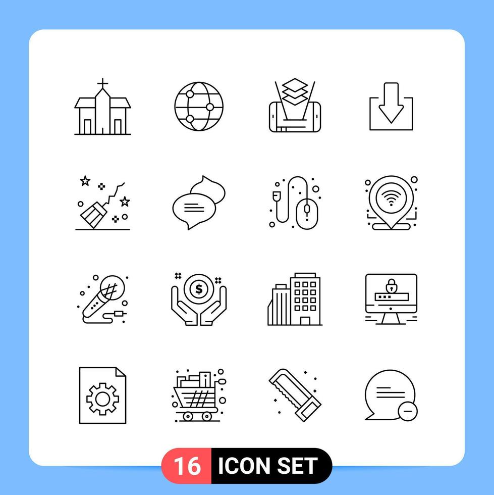 Paquete de iconos negros de 16 líneas símbolos de contorno para aplicaciones móviles aisladas en fondo blanco 16 iconos establecen fondo de vector de icono negro creativo