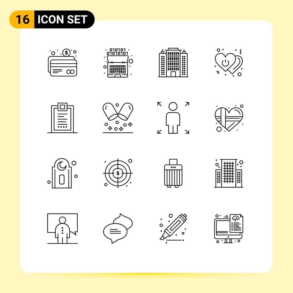 Editable Vector Line Pack of 16 Simple Outlines of coding power resort off heart Editable Vector Design Elements