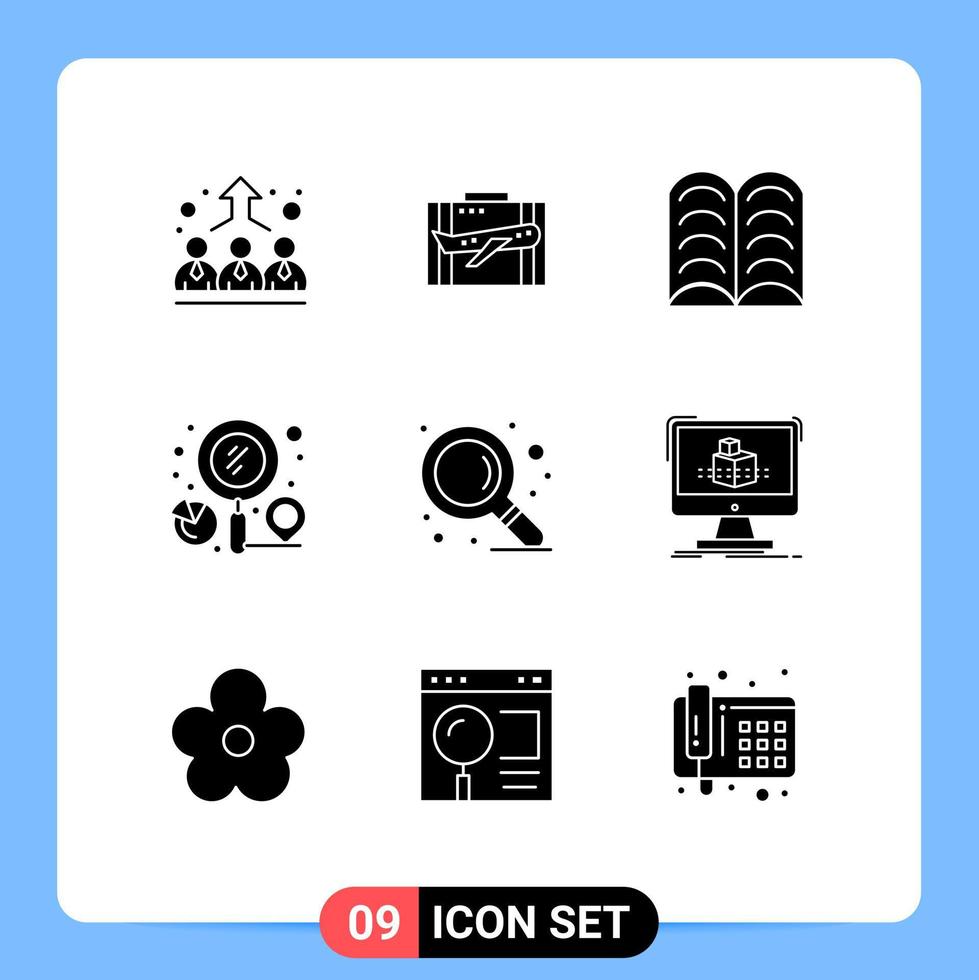 Set of 9 Vector Solid Glyphs on Grid for search graph luggage finder education Editable Vector Design Elements