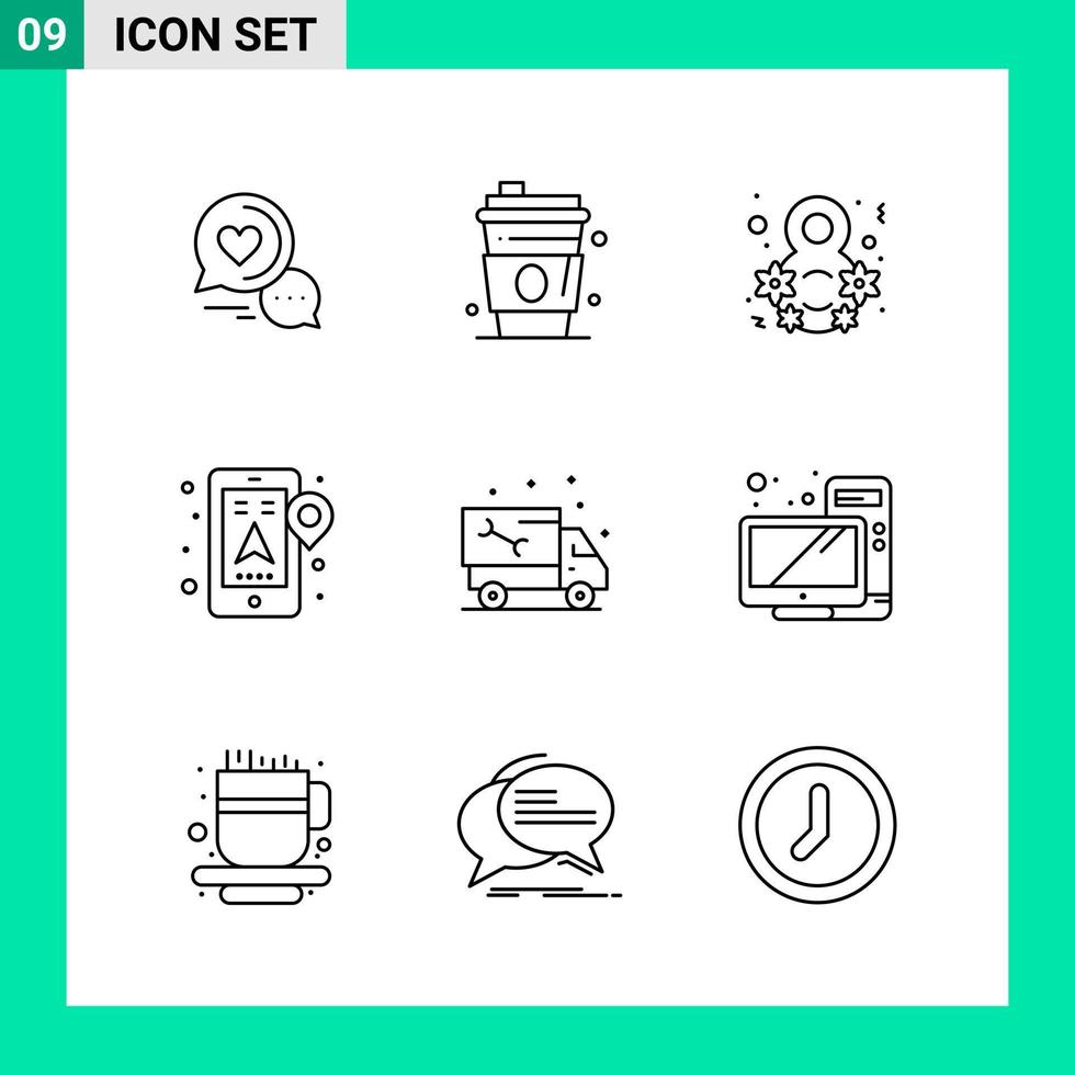 paquete de 9 iconos de estilo de línea conjunto de símbolos de esquema para imprimir signos creativos aislados en fondo blanco 9 conjunto de iconos fondo de vector de icono negro creativo