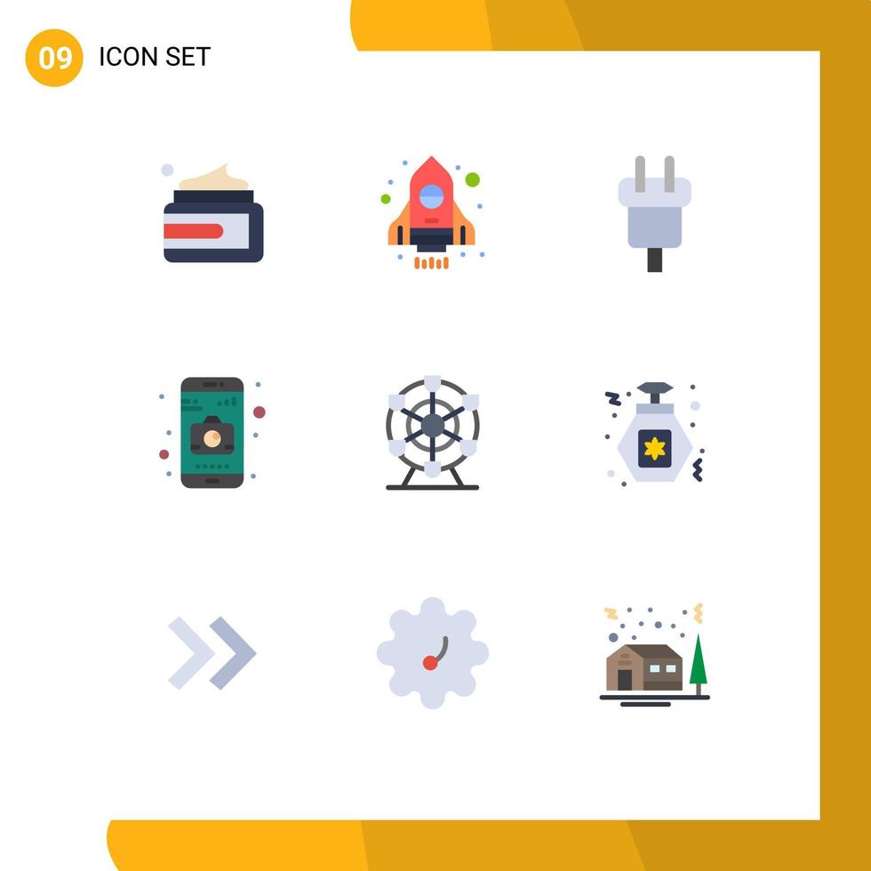 Modern Set of 9 Flat Colors Pictograph of wheel ferris connector mobile application Editable Vector Design Elements