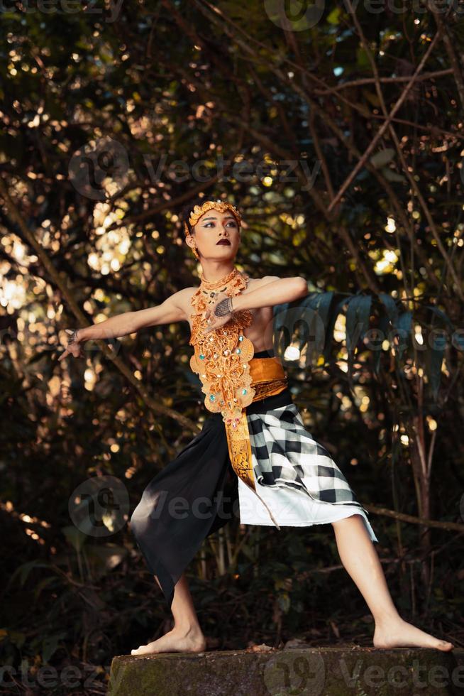 A Traditional dancer with golden clothes and a golden crown posing bravely in the jungle photo