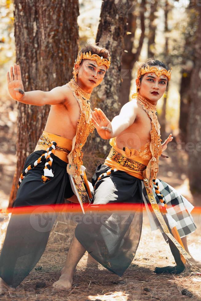 dos hombres balineses bailando juntos frente al árbol mientras usan una corona dorada y collares dorados con ropa despojada foto