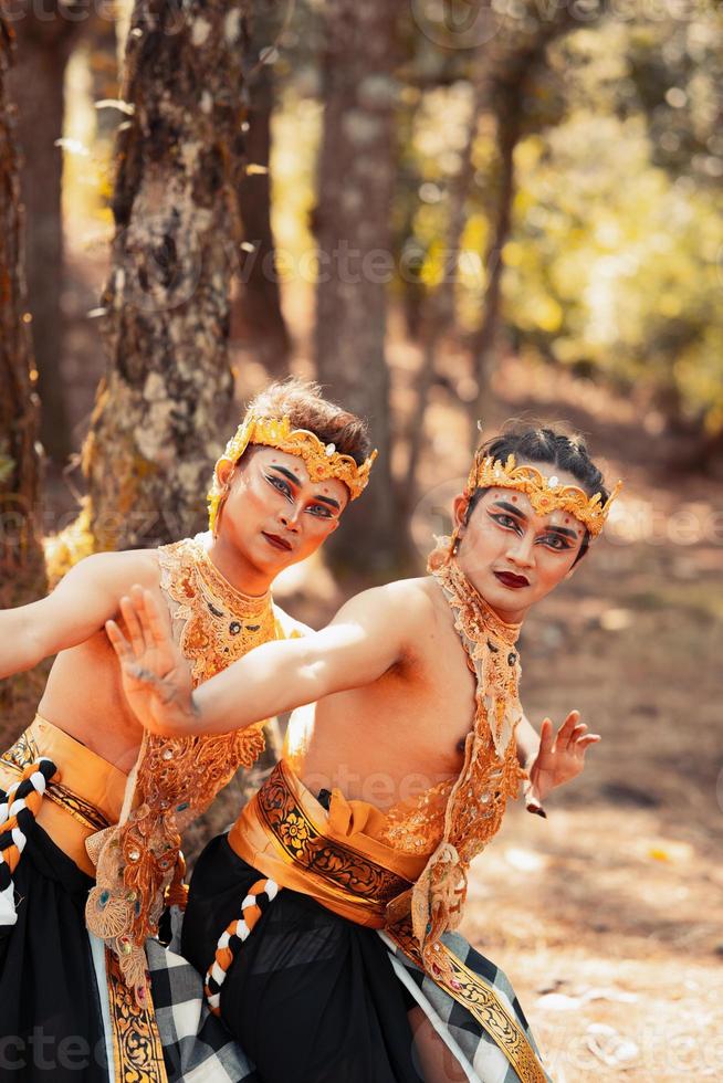 Two Balinese men dancing together in front of the tree while wearing a golden crown and golden necklaces in stripped clothes photo