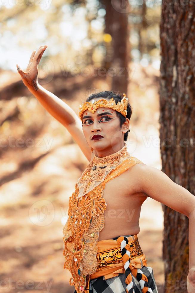 A Dancer pose with the striped clothes and gold crown on her head photo