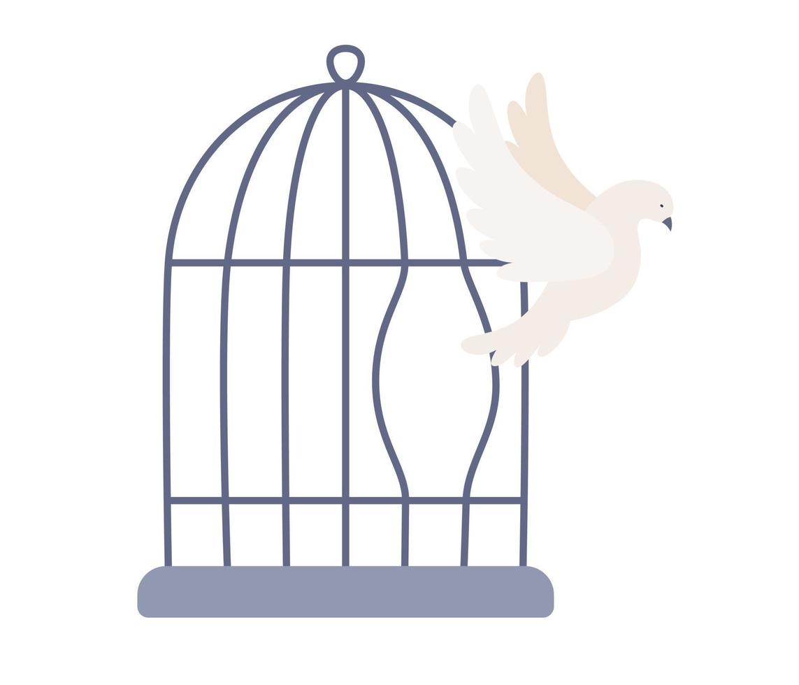 Bird break out of cage. Symbol for freedom and breaking free from captivity. Vector flat illustration