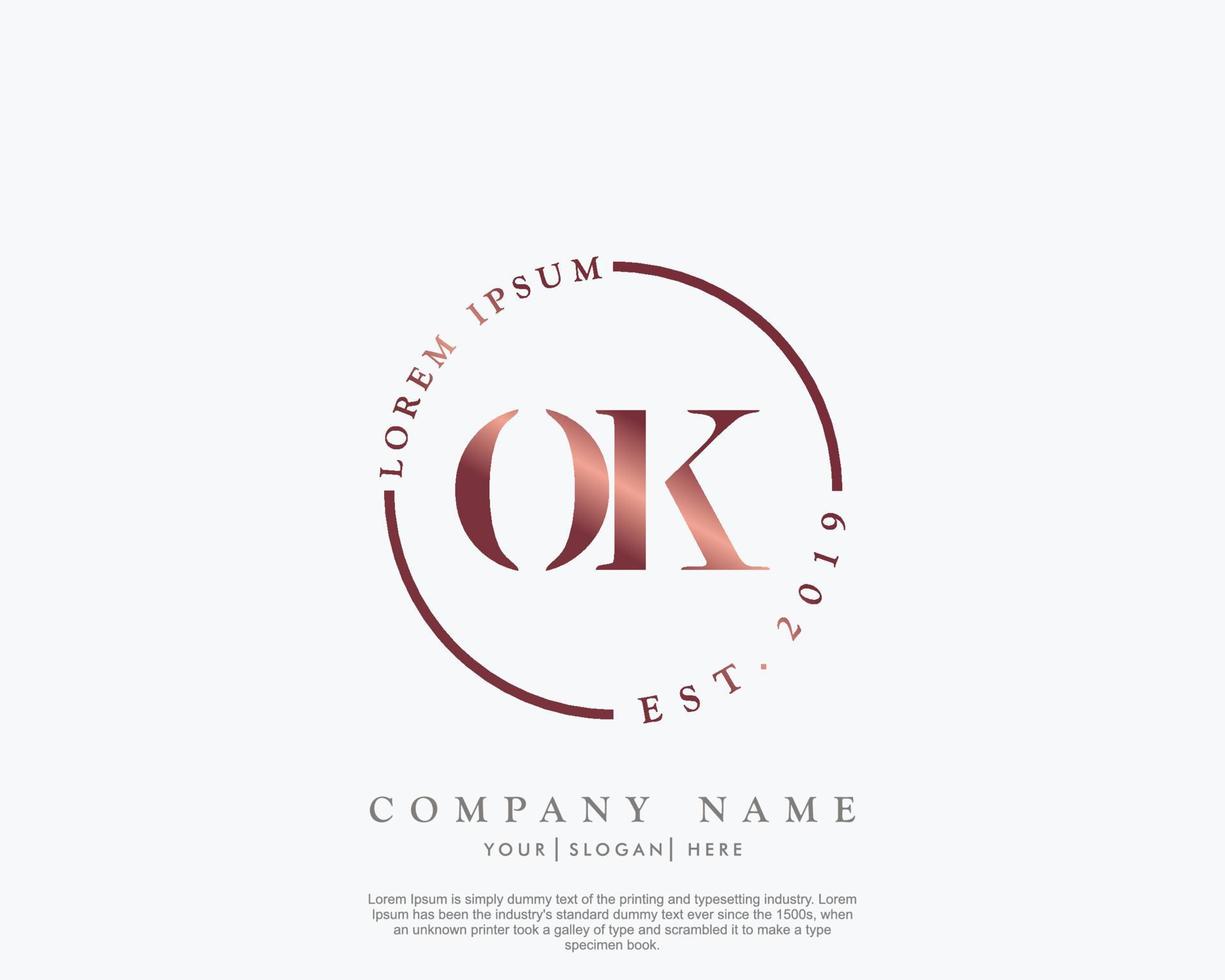 Initial letter OK Feminine logo beauty monogram and elegant logo design, handwriting logo of initial signature, wedding, fashion, floral and botanical with creative template vector