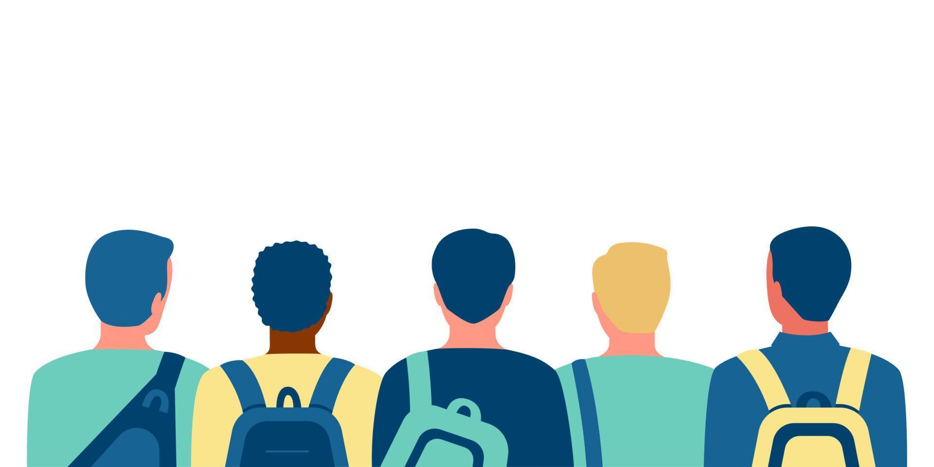 Group of people students with school bags, back view. Meeting of young friends men before education. Vector illustration