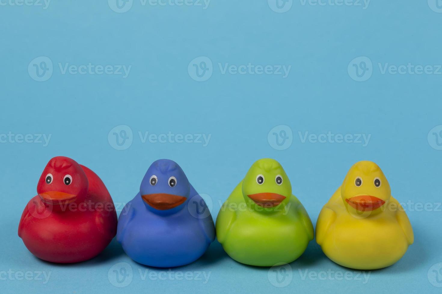 Multi-colored rubber ducks on a blue background. photo