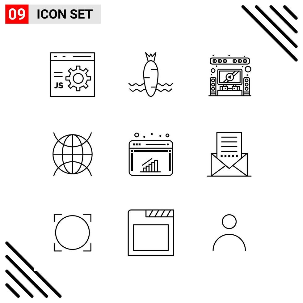 conjunto perfecto de píxeles de iconos de 9 líneas conjunto de iconos de esquema para el diseño de sitios web y la interfaz de aplicaciones móviles vector