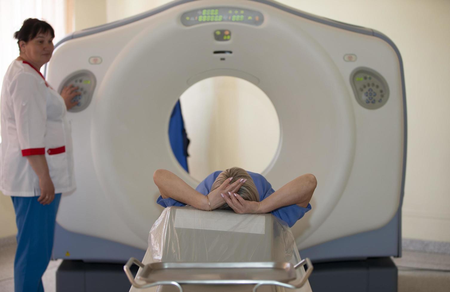 Belarus, Gomil city, Central hospital. May 31, 2021. The patient is given magnet resonance therapy. photo