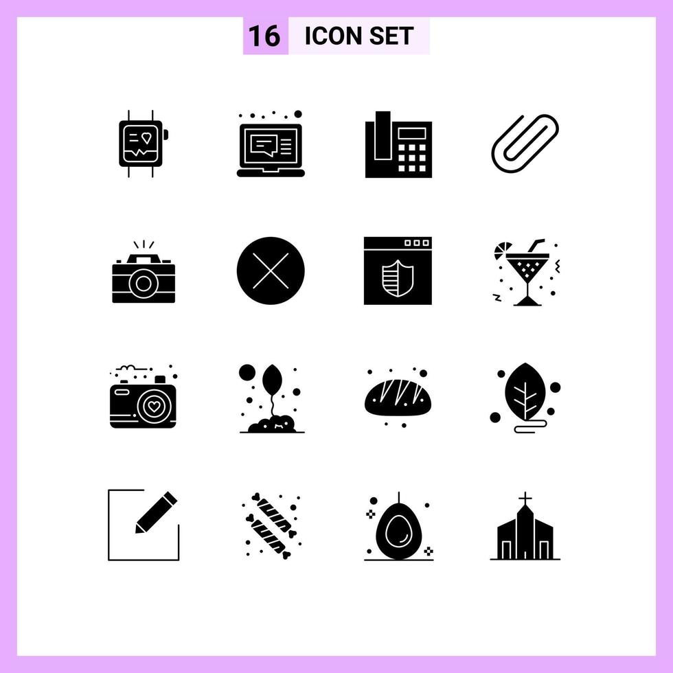 Set of 16 Modern UI Icons Symbols Signs for photo camera phone paper binder Editable Vector Design Elements
