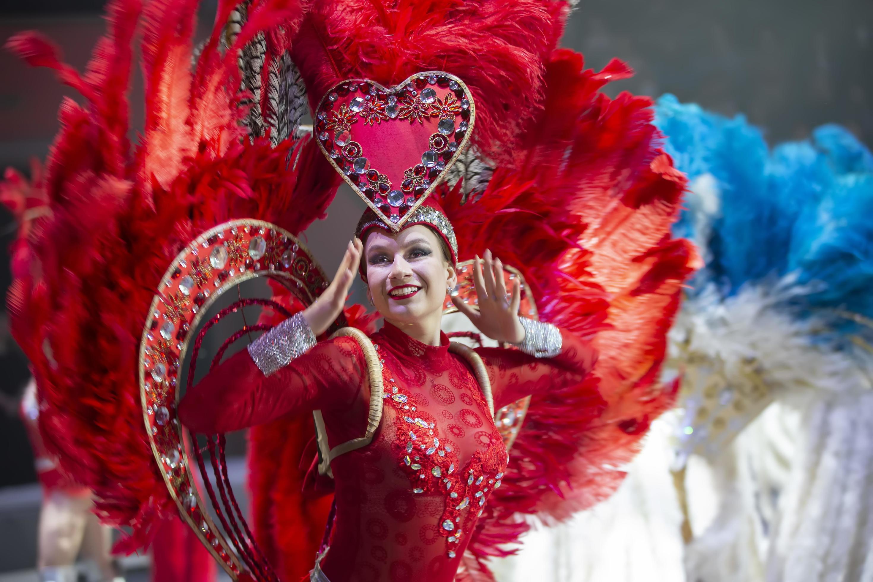 Hermosa joven en carnaval con disfraz de plumas