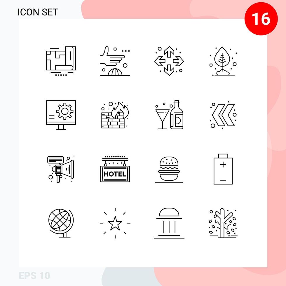 16 User Interface Outline Pack of modern Signs and Symbols of develop leaf international pot growth Editable Vector Design Elements