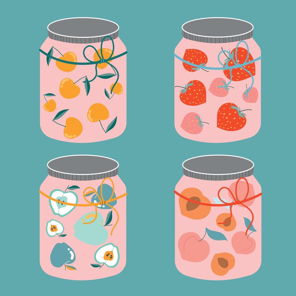 Four different fruit jars. Illustrations of delicious jars with strawberries, apples, apricots and cherries. Pure modern jam. Vector isolated set, collection on flat design