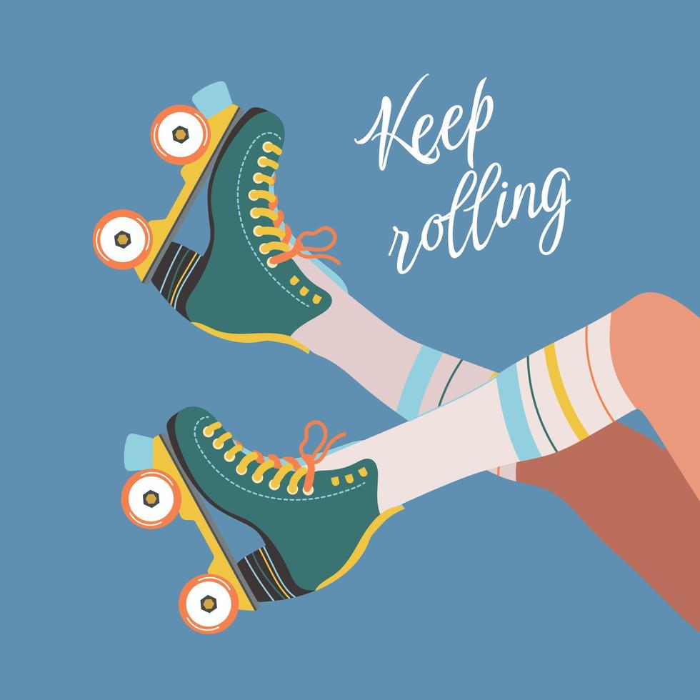 Girl's legs wearing retro roller skates and socks. Vector illustration of a roller skating woman and Keep Rolling message in colorful flat style. 70s or 80s roller disco concept.