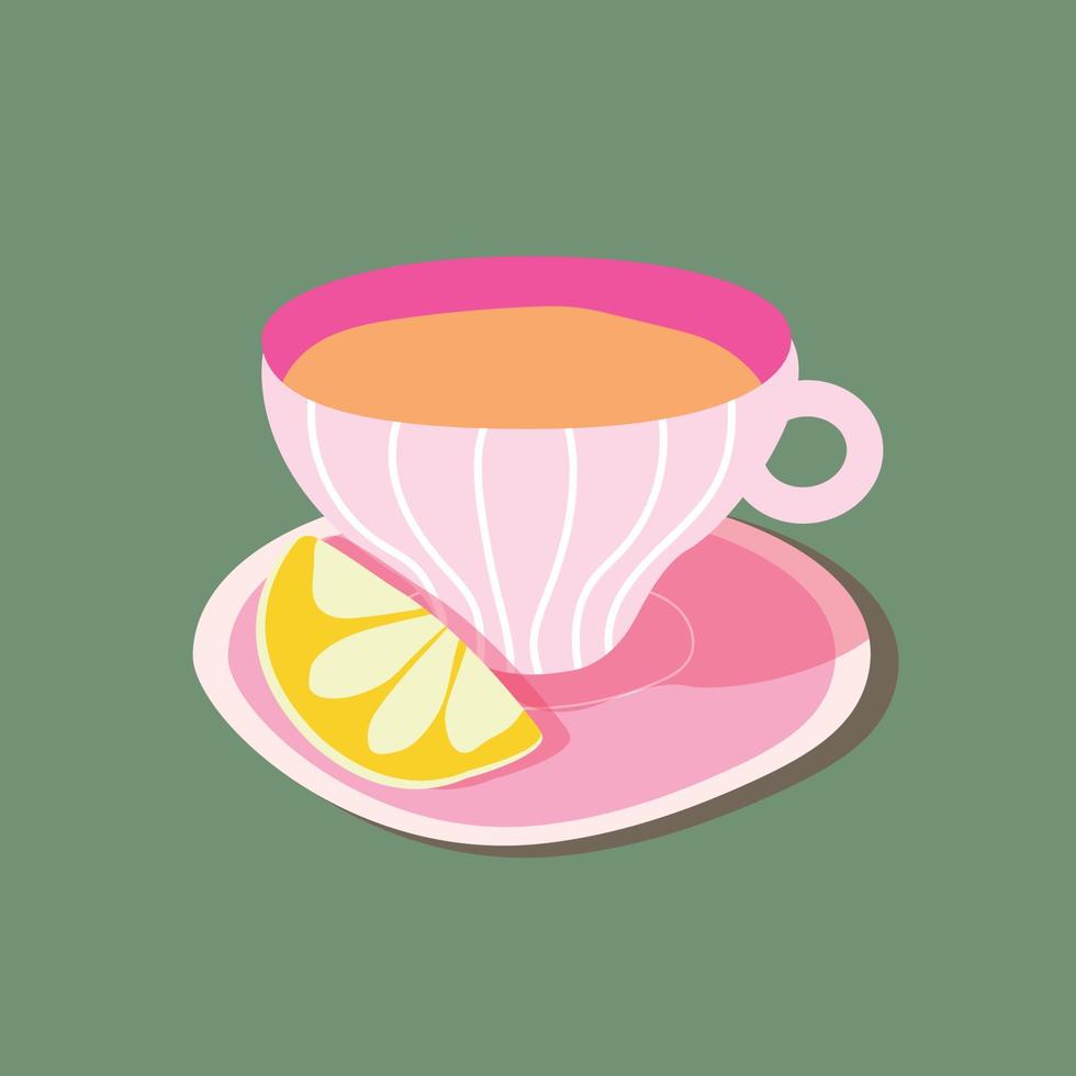 Cartoon bright cup of tea with lemon isolated on dark background. Tea break.Vector cartoon. You can use on the menu, in the store, in the bar, cards or stickers. vector