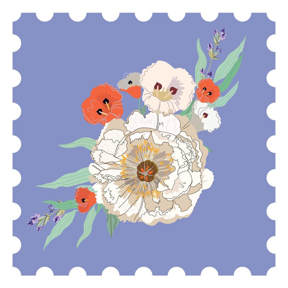 Floral postage stamp. Bouquet with cream peonies, lavender on a purple background. Hand drawn postage stamp style greeting card design. Modern vector illustration for web and print.