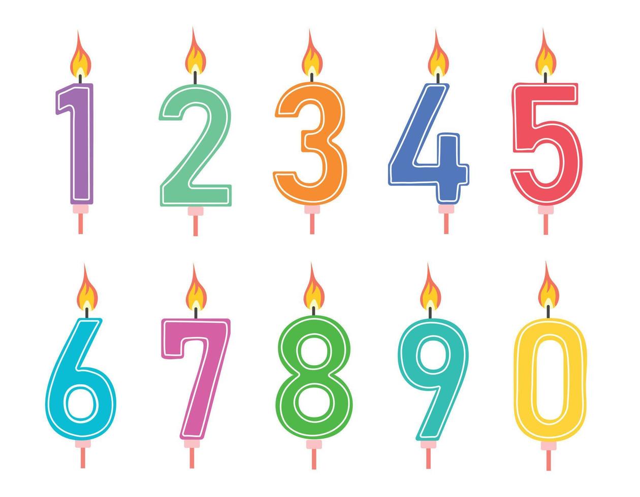 Candles for kids birthday holiday cake cartoon vector set. Child birthday party celebration number candles with colorful patterns and fire, anniversary holiday cake or pie decoration collection