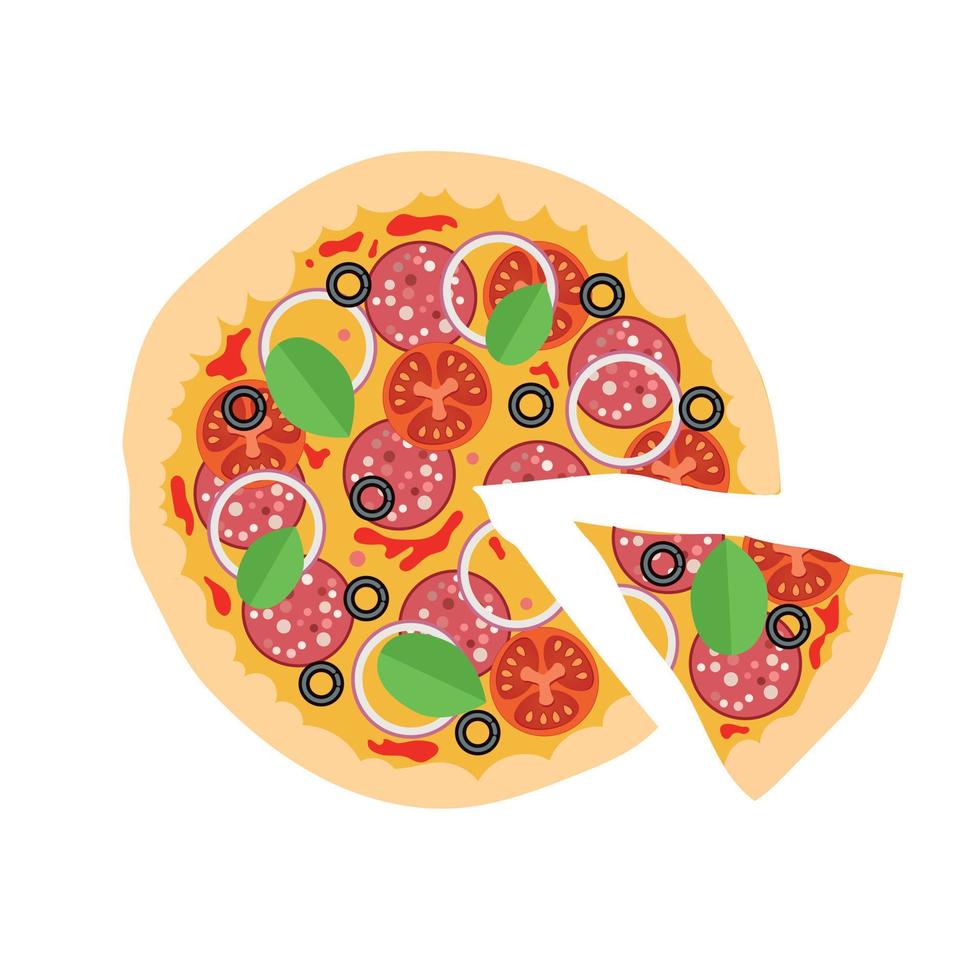 pizza fresca con tomates, queso, aceitunas, chorizo, cebolla, albahaca. comida rápida italiana tradicional. comida de vista superior. merienda europea. fondo blanco aislado. vector