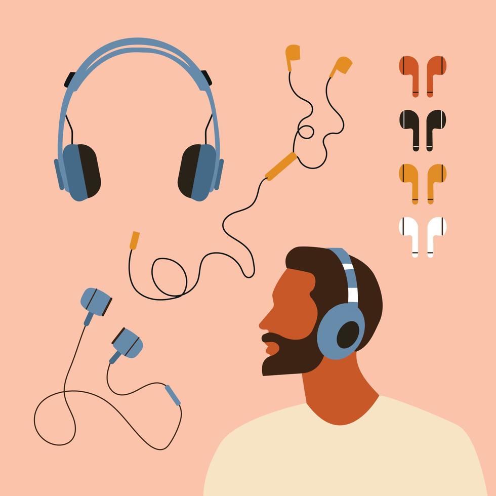 conjunto de auriculares, equipo de audio, auriculares con cable e inalámbricos para escuchar música. aerodeslizadores accesorio de tecnología de auriculares para smartphone o dj, vector de dibujos animados dibujados a mano aislado, ilustración