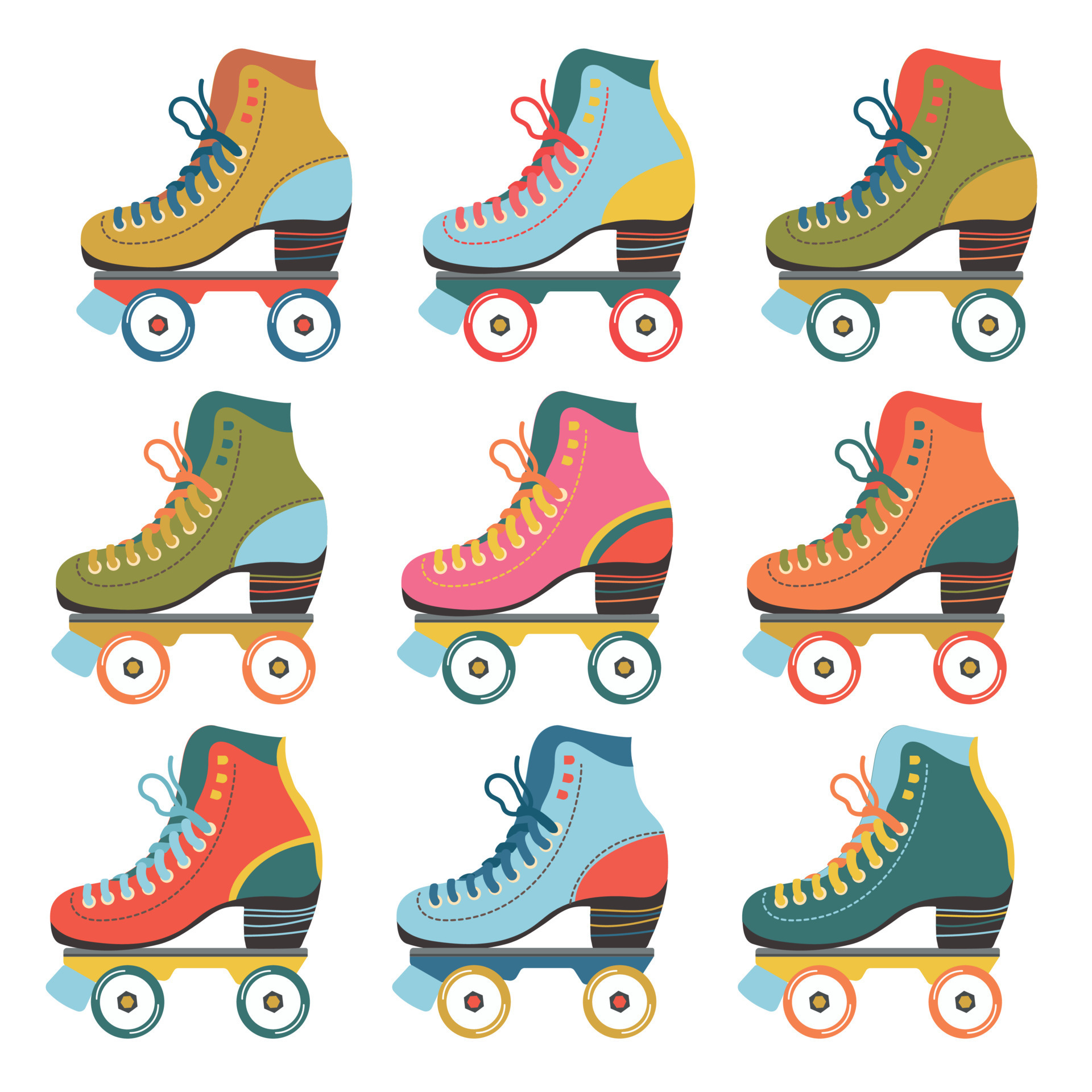 Vector set with colored roller skates. Vintage poster with roller