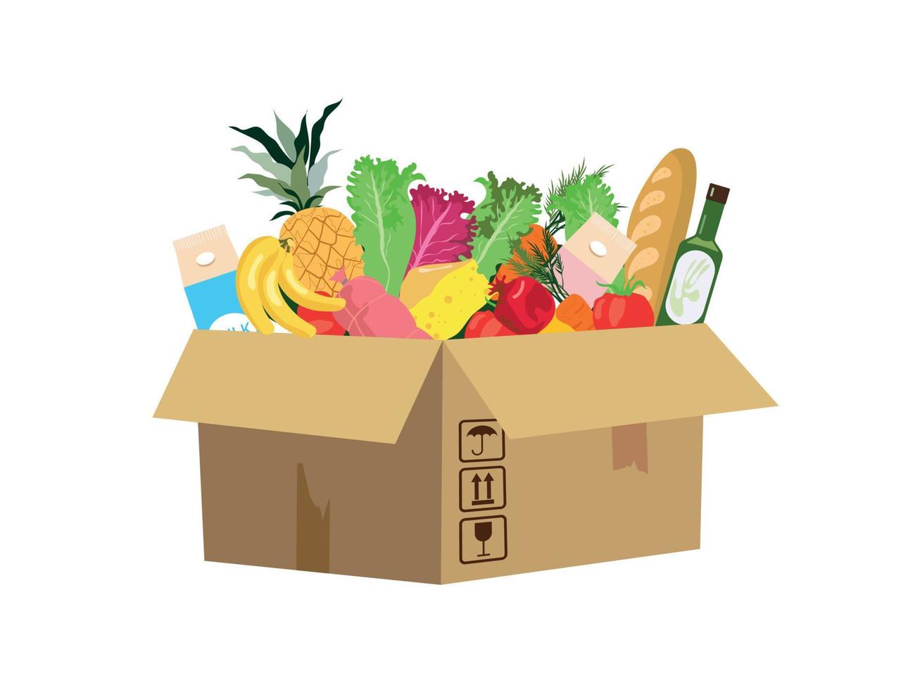 Food in box. Food delivery. Vector flat cartoon illustration