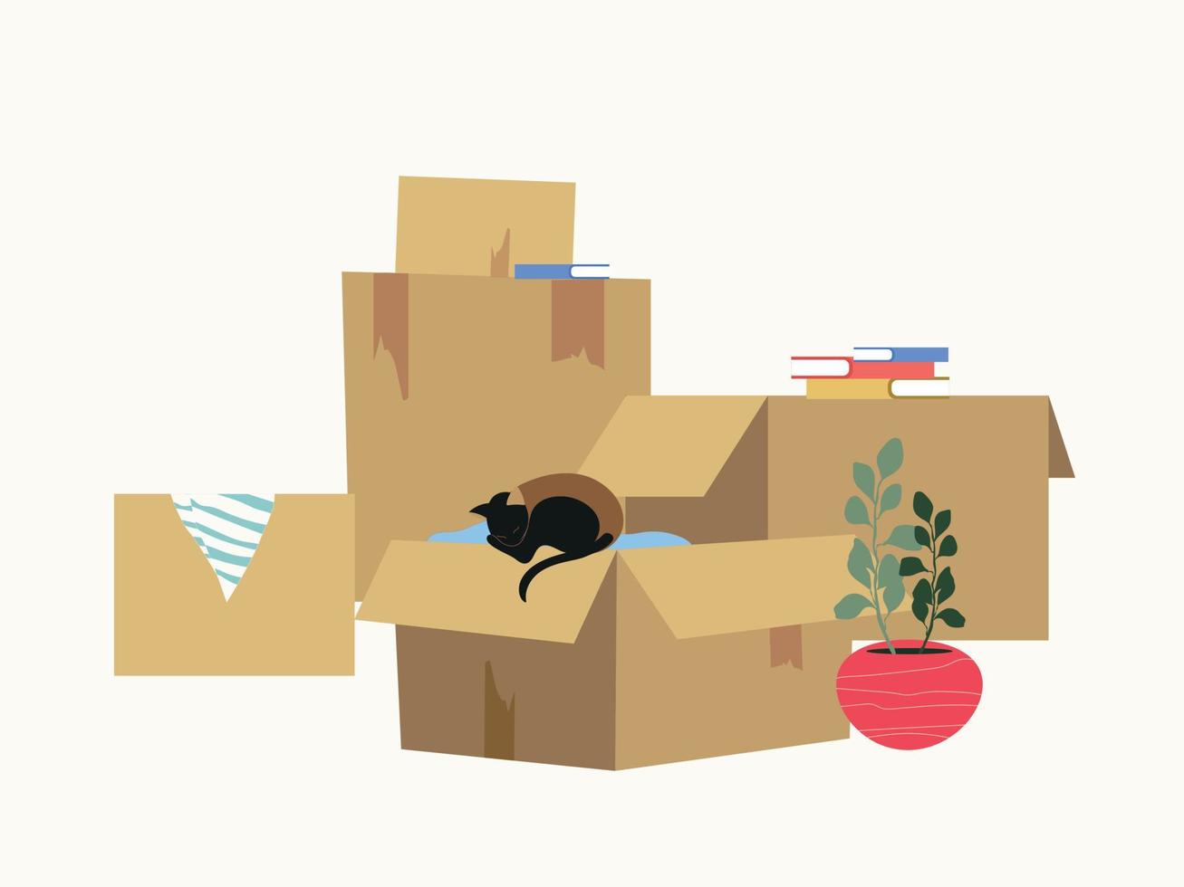 Travel concept. Cardboard boxes with various things from the house, a cat, books, flowers. Hand-drawn colored vector isolated illustration. Cartoon style, fashion design