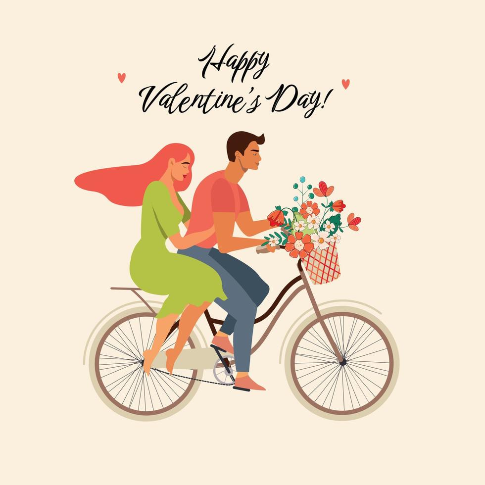 feliz pareja está montando una bicicleta juntos y feliz día de san valentín vector de ilustración del amor y el día de san valentín.
