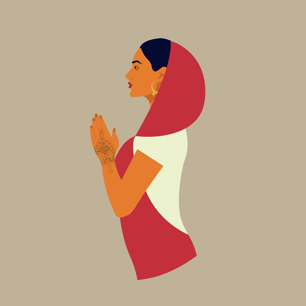 hermosa mujer india con ropa tradicional - sari rojo brillante. retrato femenino, vista lateral. mujer india en ropa tradicional con manos rezando. ilustración vectorial moderna vector