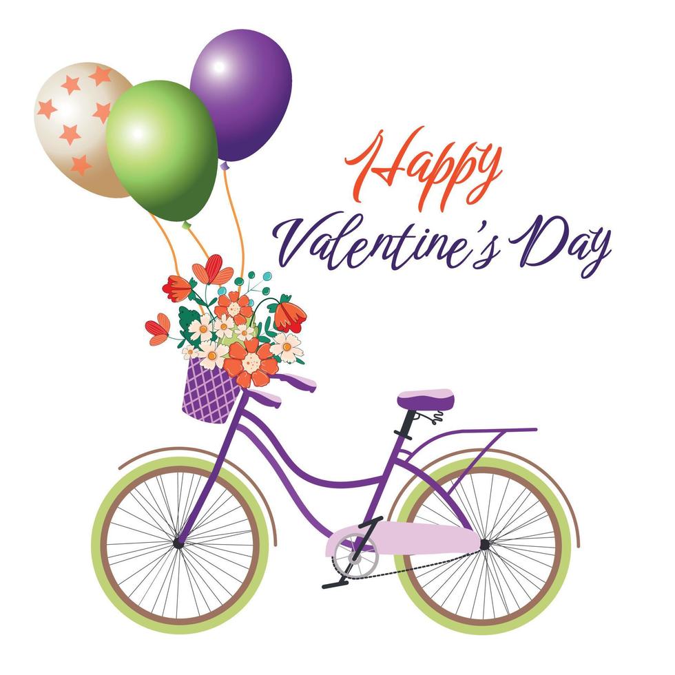 Bicycle with balloons and a basket of flowers. Valentine's day and love. Illustration for a postcard or poster. vector