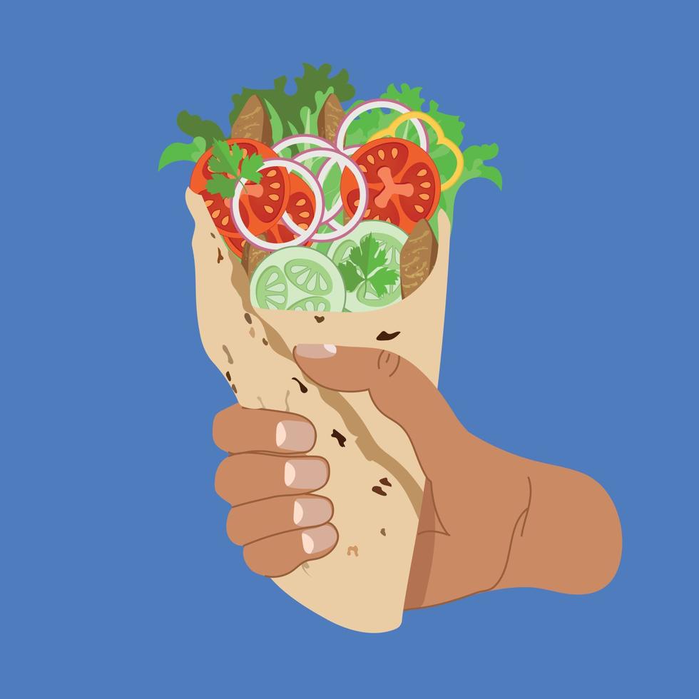 Hands holding fast food, street snacks set. Arms with takeaway shawarma. Hand drawn style illustration. vector
