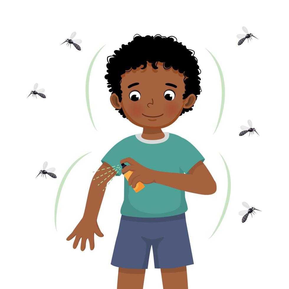 Cute little African boy applying insect repellent spray to his arm as protection against mosquitoes vector