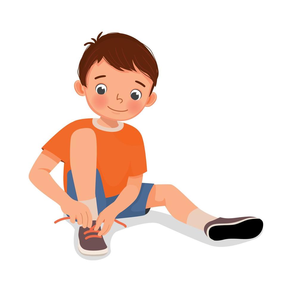 lindo niño atando sus cordones vector