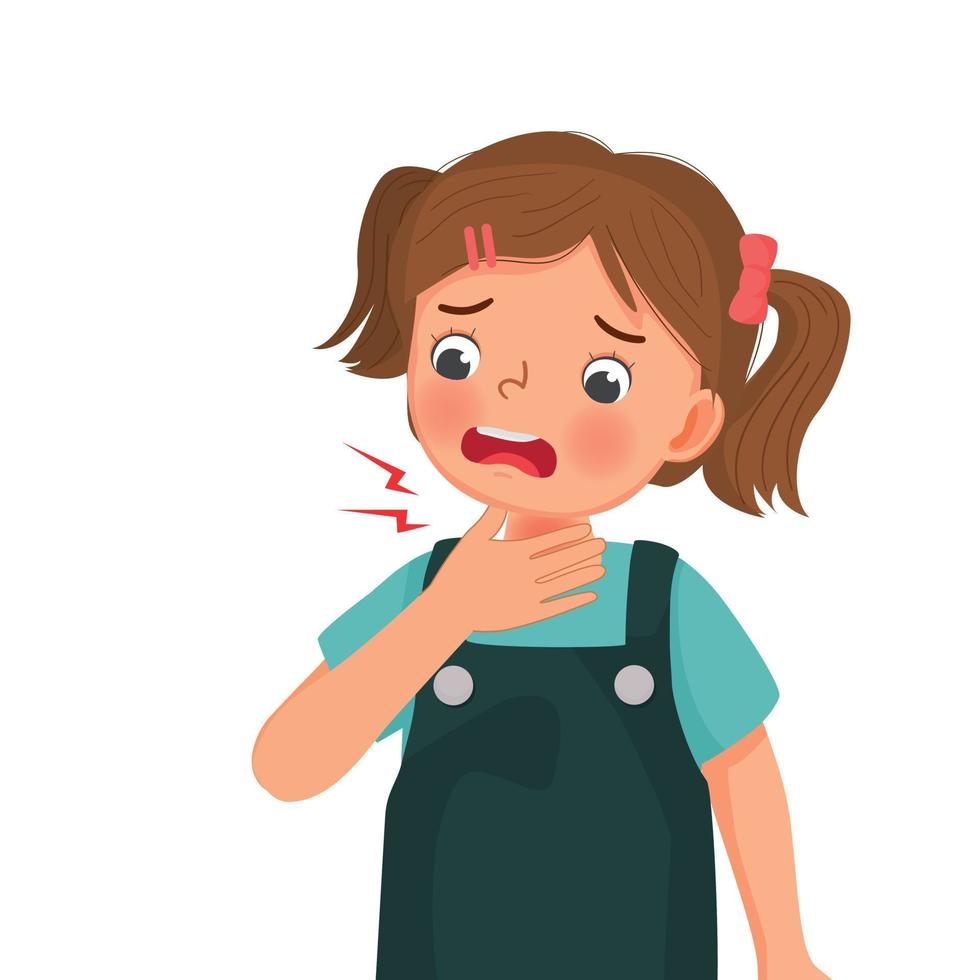 cute little girl suffering from sore throat touching her painful and swelling neck as symptoms of flu and allergy vector
