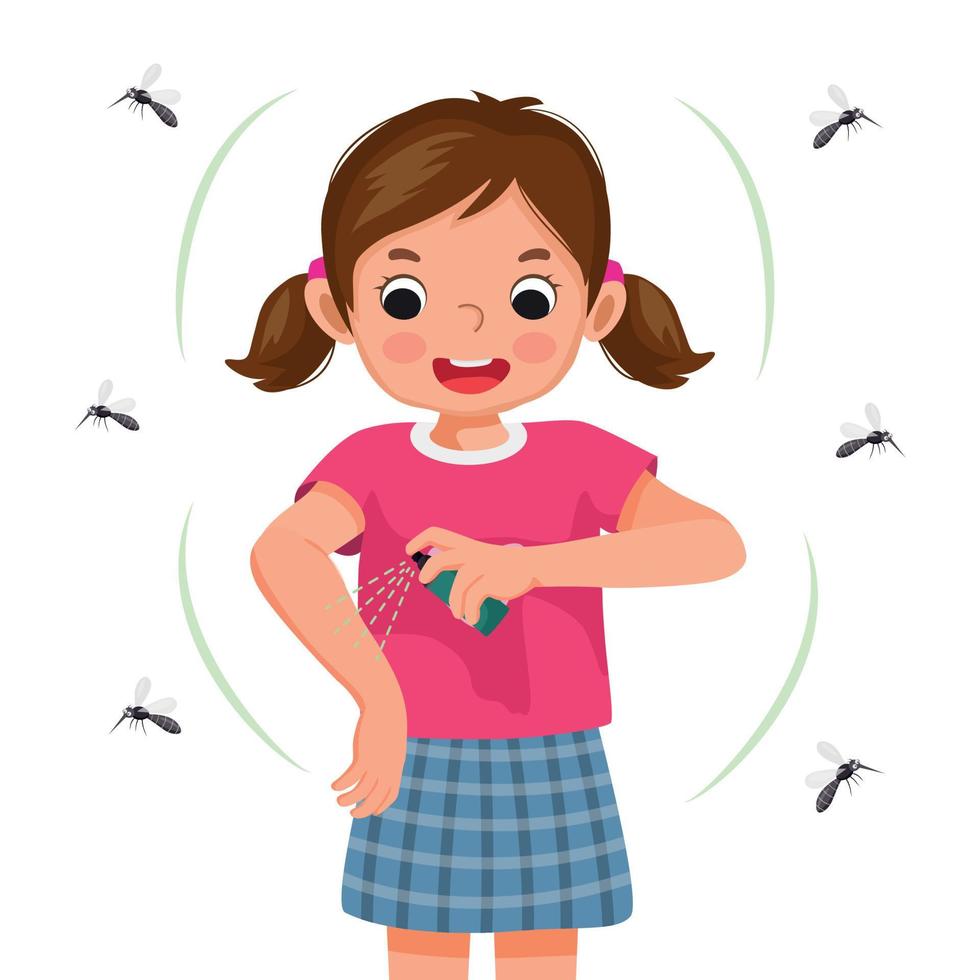 Cute little girl applying insect repellent spray to her arm as protection against mosquitoes vector