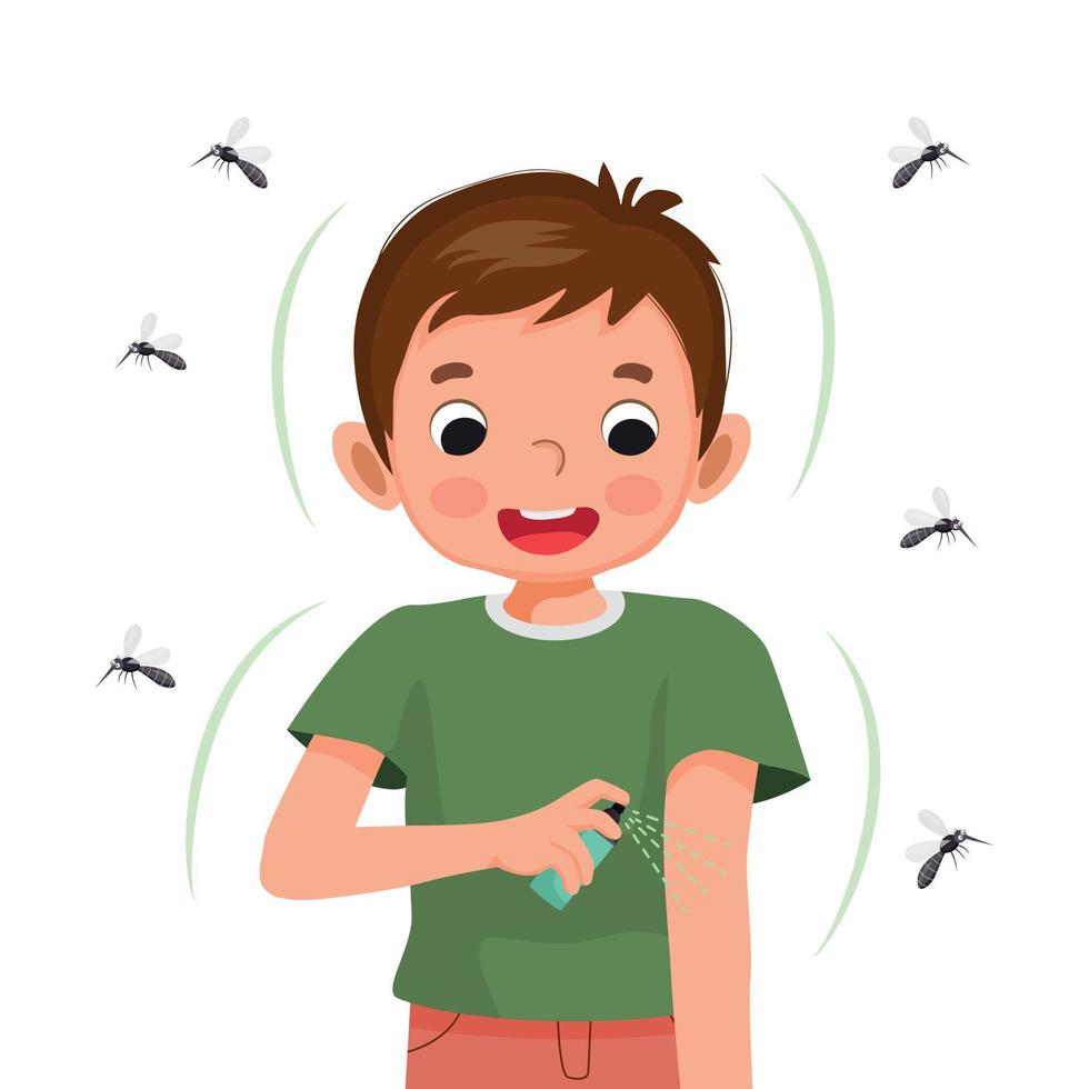 lindo niño aplicando spray repelente de insectos a su brazo como protección contra los mosquitos vector