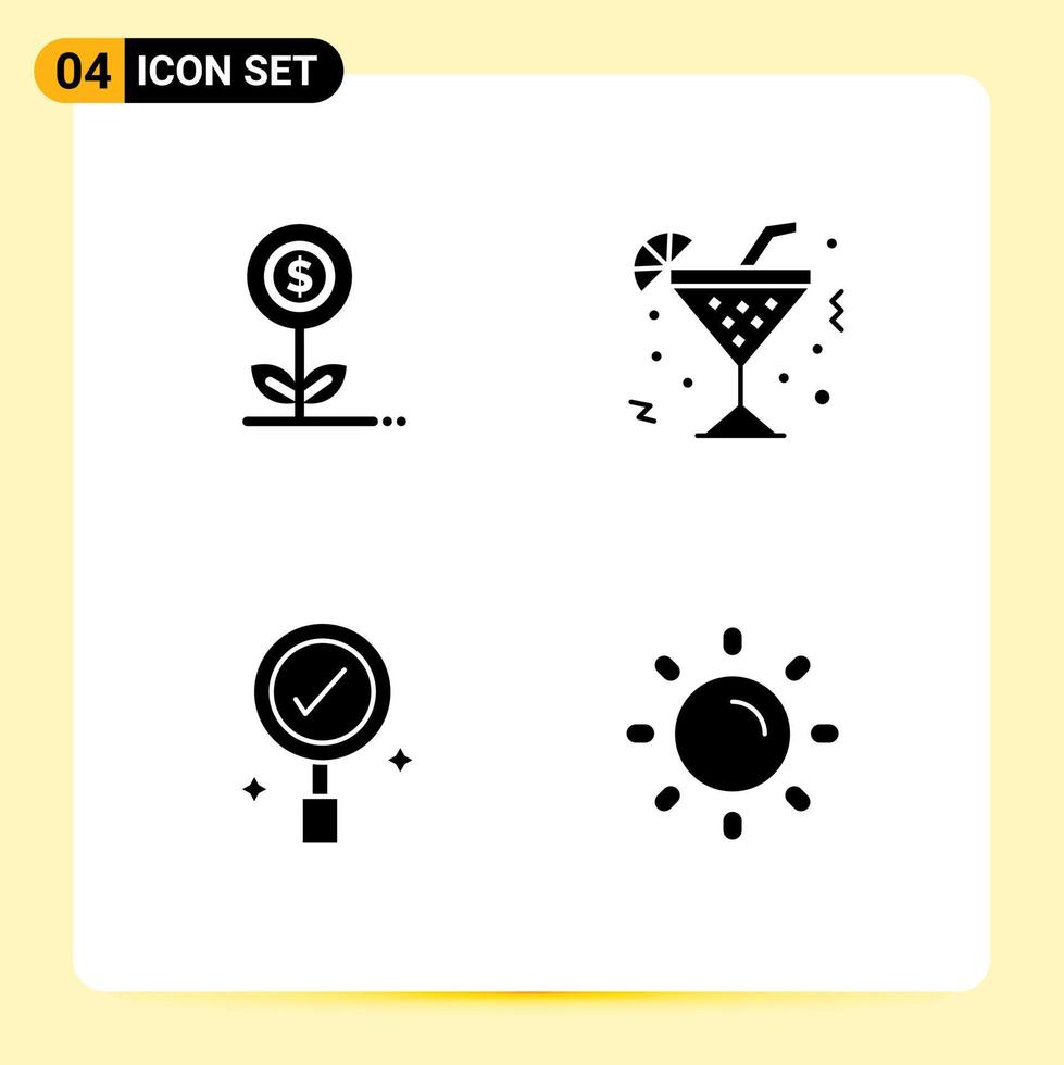 4 Solid Glyph concept for Websites Mobile and Apps money business dollar drink search Editable Vector Design Elements