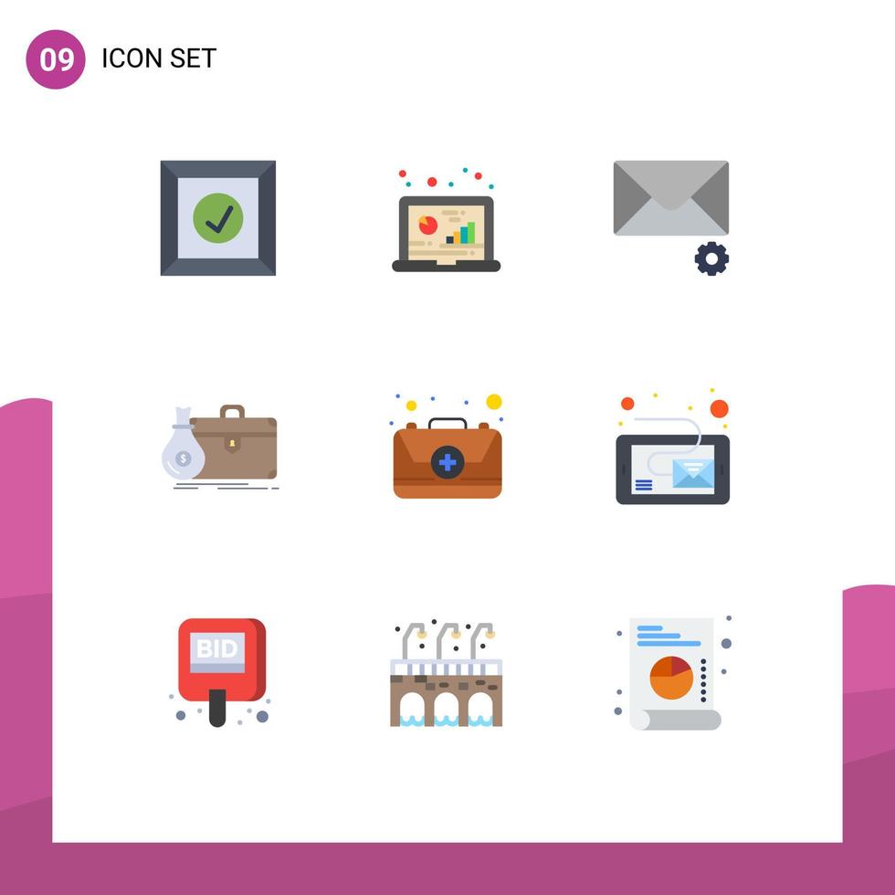 Group of 9 Flat Colors Signs and Symbols for emergency portfolio mail open business Editable Vector Design Elements