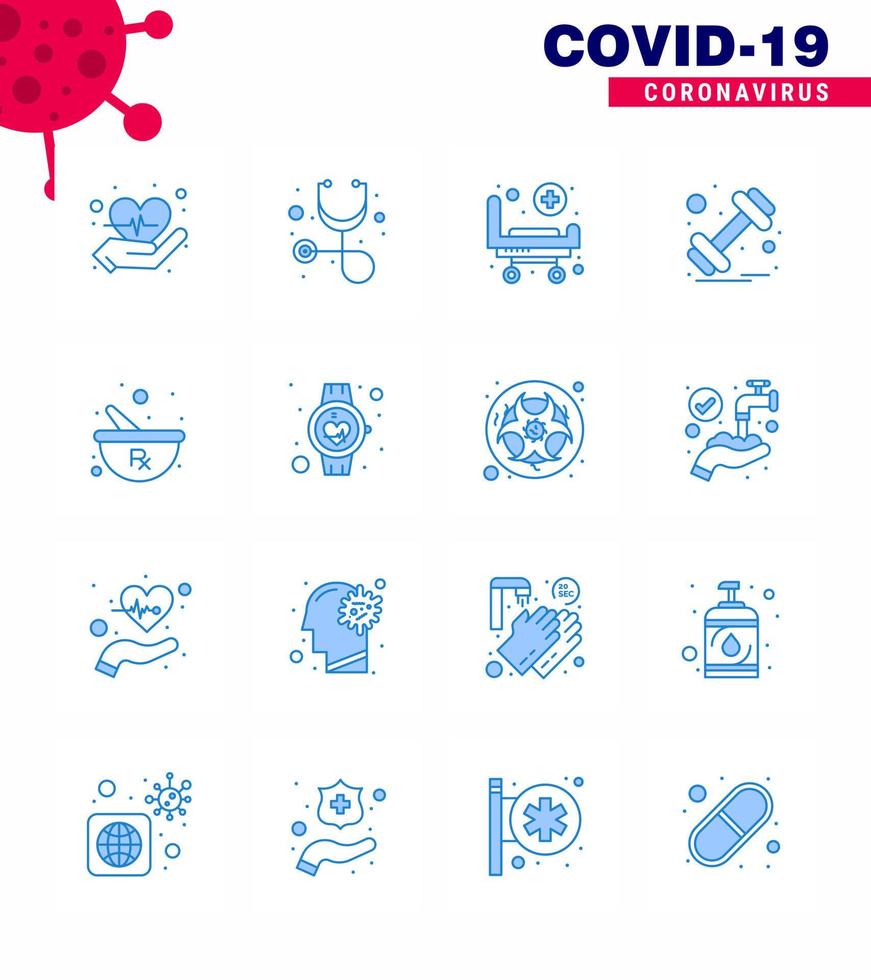 16 Blue Set of corona virus epidemic icons such as preparing herbal hospital bowl weight viral coronavirus 2019nov disease Vector Design Elements