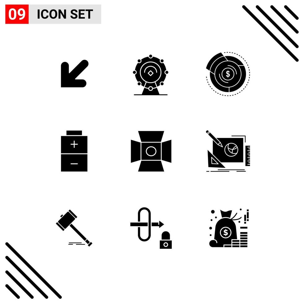 grupo de símbolos de icono universal de 9 glifos sólidos modernos de elementos de diseño vectorial editables de batería eléctrica de presupuesto ligero de fotografía vector