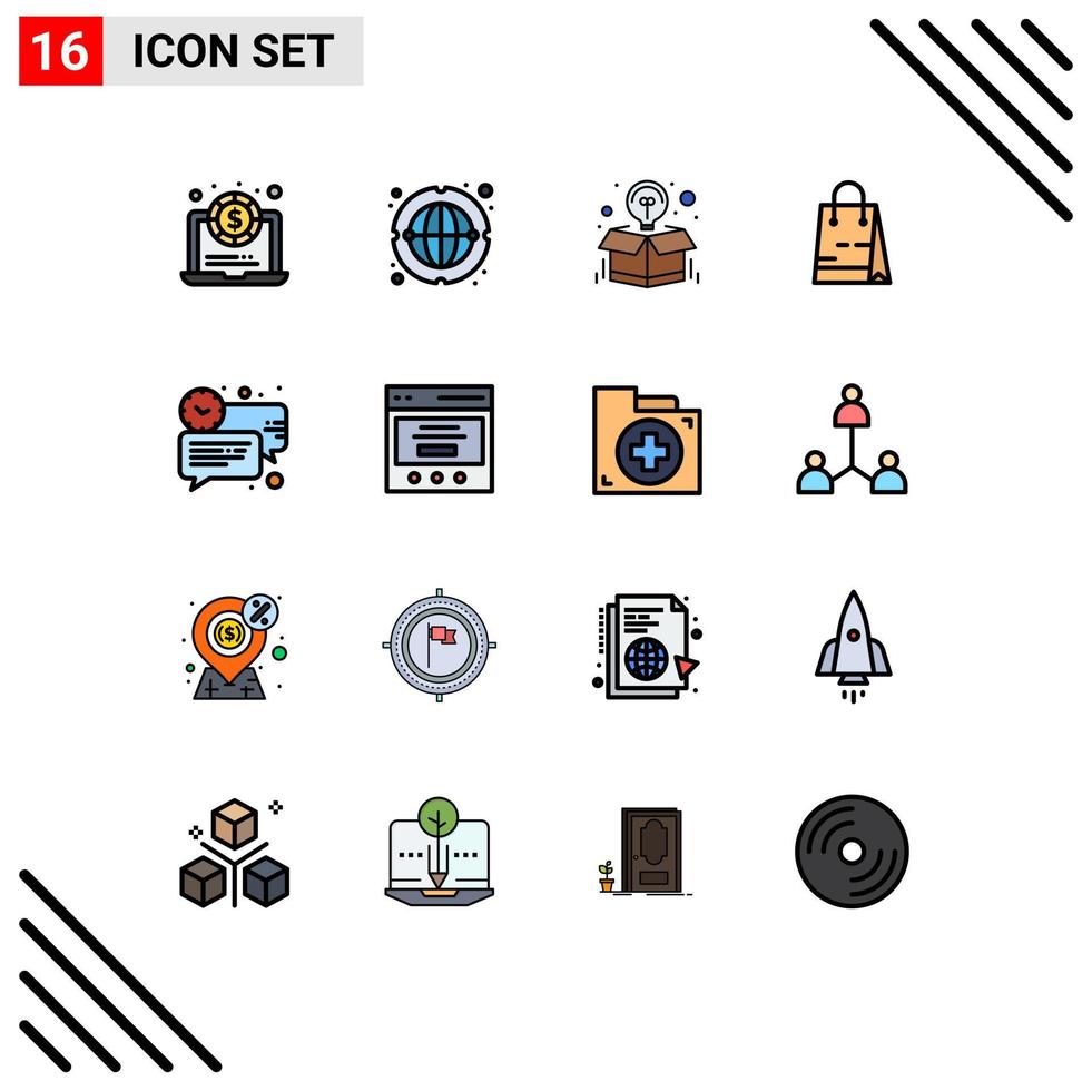 Pack of 16 Modern Flat Color Filled Lines Signs and Symbols for Web Print Media such as chat shop creative market bag Editable Creative Vector Design Elements