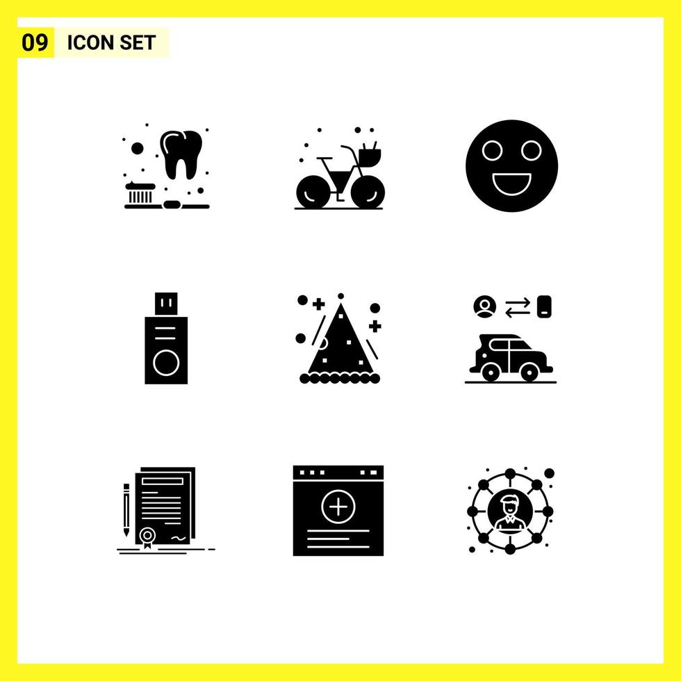 Universal Icon Symbols Group of 9 Modern Solid Glyphs of car holiday face hat usb Editable Vector Design Elements