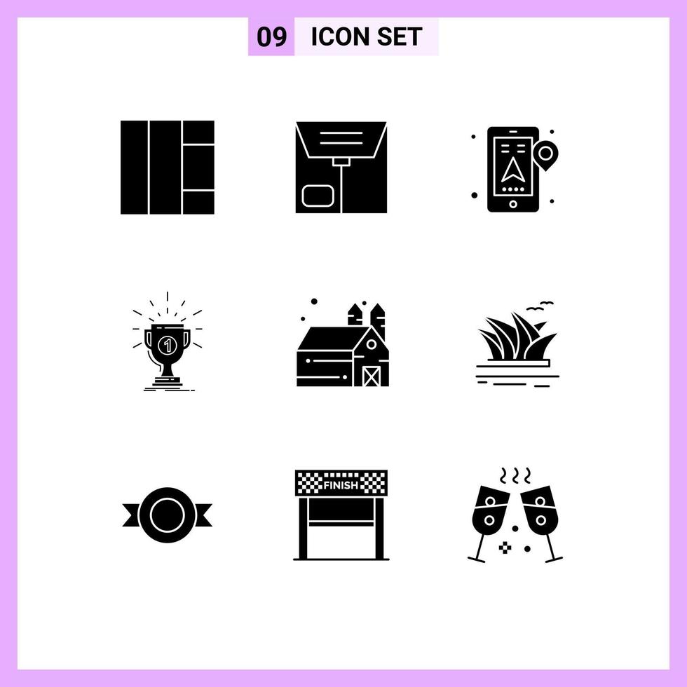 9 Universal Solid Glyph Signs Symbols of citysets barn navigation agriculture reward Editable Vector Design Elements