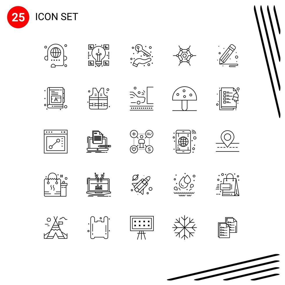 conjunto moderno de 25 líneas y símbolos como red de pinceles que comparten claves descentralizadas elementos de diseño de vectores editables