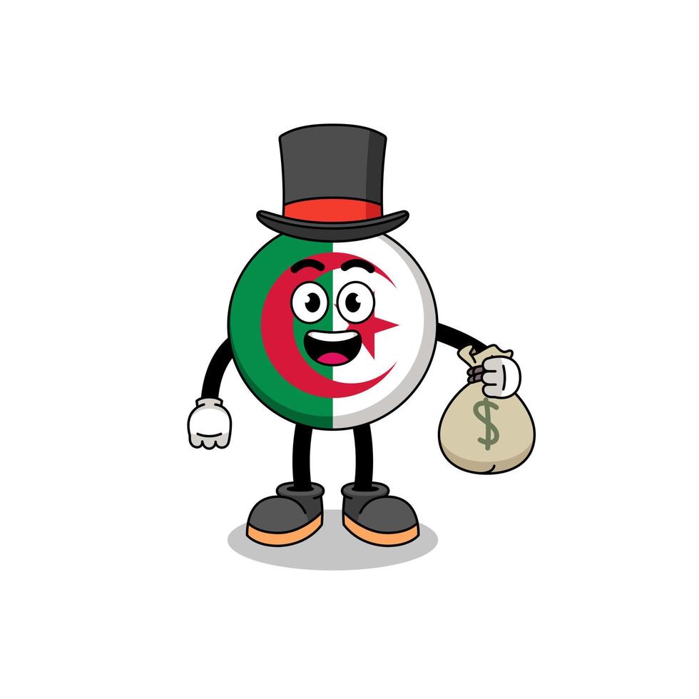 ilustración de mascota de bandera de argelia hombre rico sosteniendo un saco de dinero vector