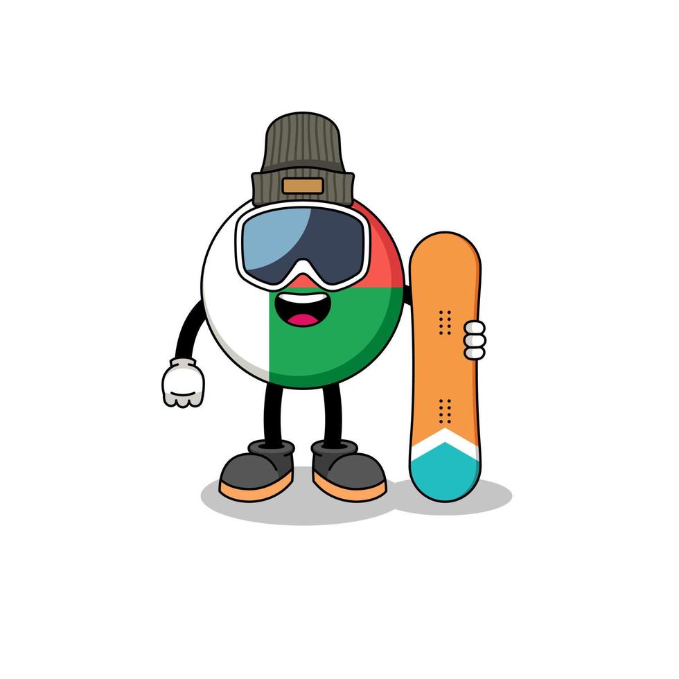 caricatura de la mascota del jugador de snowboard de la bandera de madagascar vector