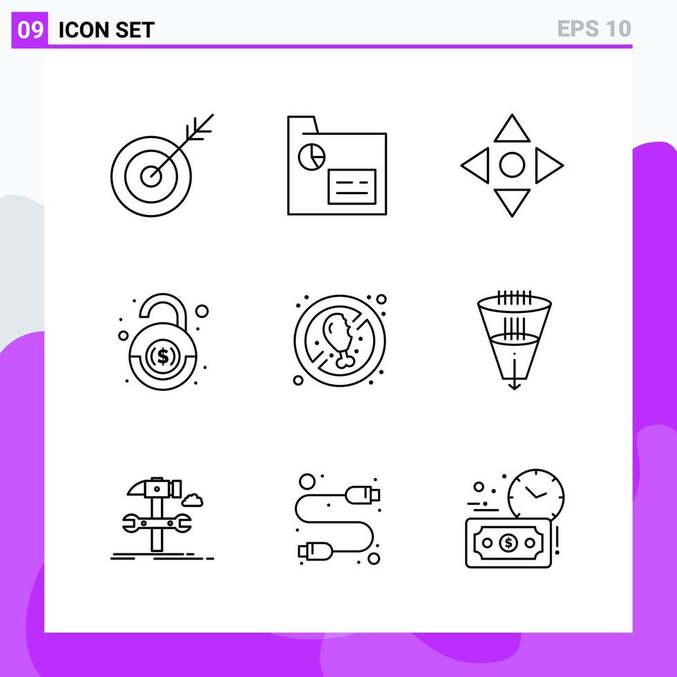 conjunto de 9 iconos en estilo de línea símbolos de contorno creativo para el diseño de sitios web y aplicaciones móviles signo de icono de línea simple aislado en fondo blanco 9 iconos vector